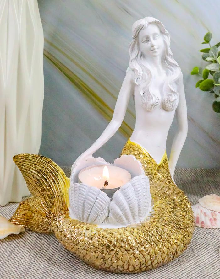 ebros gift Ebros Under The Sea Golden Mermaid Candle Holder Statue 6.75" Tall Nautical Mermaid Holding Oyster Shells Figurine