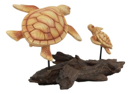 Ebros Gift Ebros Under The Sea Mother And Baby Sea Turtle Decor Statue 10" Long Faux Wood Resin Marine Life Turtle Family Scene Figurine