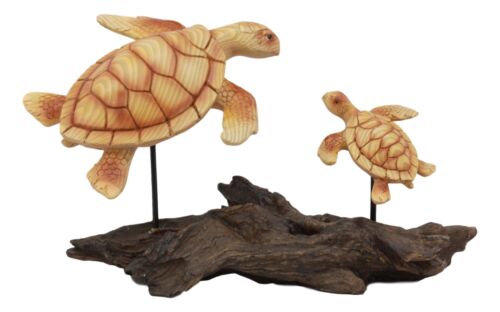 Ebros Gift Ebros Under The Sea Mother And Baby Sea Turtle Decor Statue 10" Long Faux Wood Resin Marine Life Turtle Family Scene Figurine