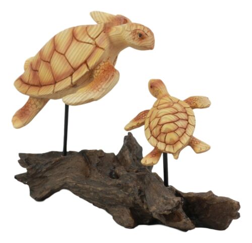 Ebros Gift Ebros Under The Sea Mother And Baby Sea Turtle Decor Statue 10" Long Faux Wood Resin Marine Life Turtle Family Scene Figurine