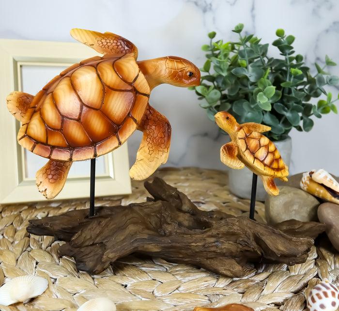 ebros gift Ebros Under The Sea Mother and Baby Sea Turtle Decor Statue 10" Long Faux Wood Resin Marine Life Turtle Family Scene Figurine