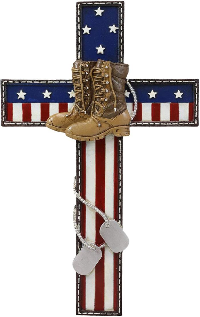 Ebros Gift Ebros USA Flag Fallen Soldier W/ Boots & Dog Tag Memorial Cross Decor 11.75" H