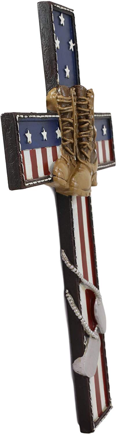 Ebros Gift Ebros USA Flag Fallen Soldier W/ Boots & Dog Tag Memorial Cross Decor 11.75" H