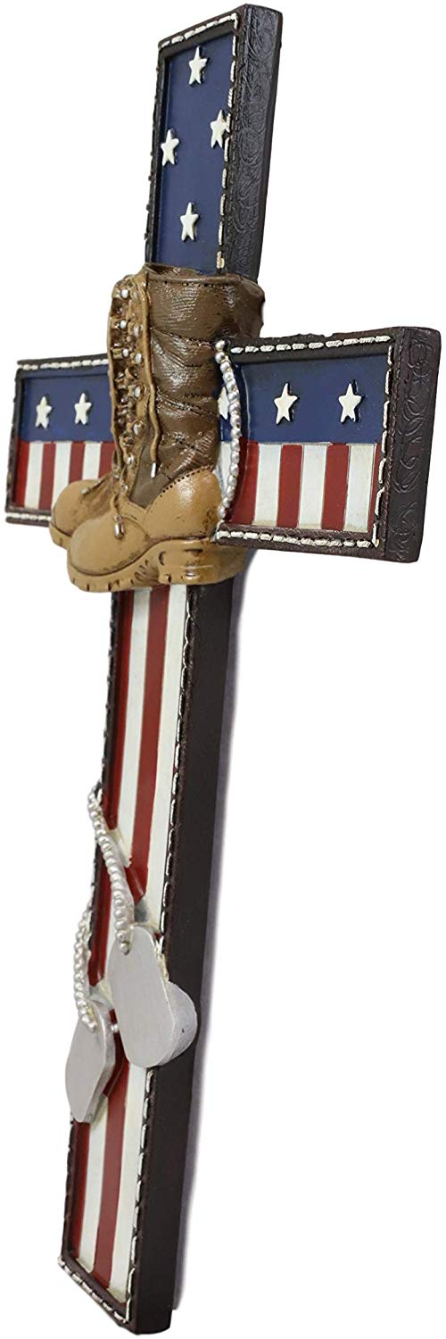 Ebros Gift Ebros USA Flag Fallen Soldier W/ Boots & Dog Tag Memorial Cross Decor 11.75" H