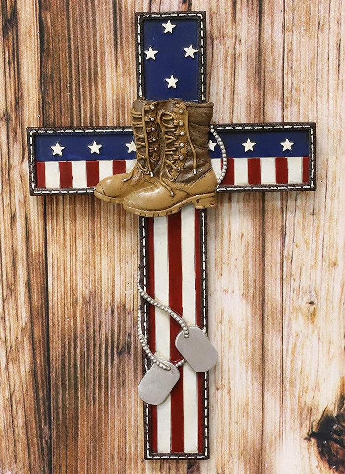 ebros gift Ebros USA Flag Fallen Soldier W/ Boots & Dog Tag Memorial Cross Decor 11.75" H