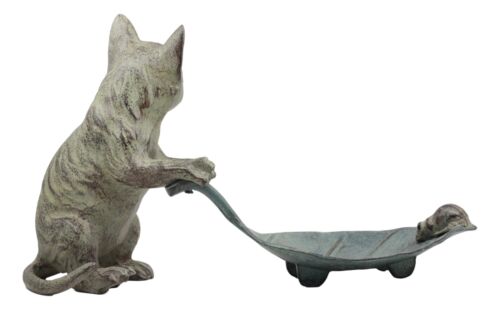 Ebros Gift Ebros Verdi Green Aluminum Tom Cat With Mouse Pulling Leaf Bird Feeder Or Bird Bath Statue For Garden Patio Home Decor