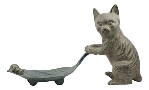 Ebros Gift Ebros Verdi Green Aluminum Tom Cat With Mouse Pulling Leaf Bird Feeder Or Bird Bath Statue For Garden Patio Home Decor