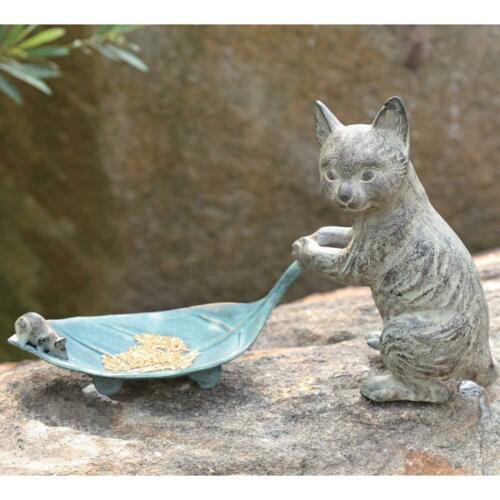 ebros gift Ebros Verdi Green Aluminum Tom Cat with Mouse Pulling Leaf Bird Feeder Or Bird Bath Statue for Garden Patio Home Decor