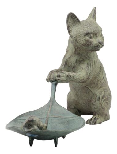 Ebros Gift Ebros Verdi Green Aluminum Tom Cat With Mouse Pulling Leaf Bird Feeder Or Bird Bath Statue For Garden Patio Home Decor