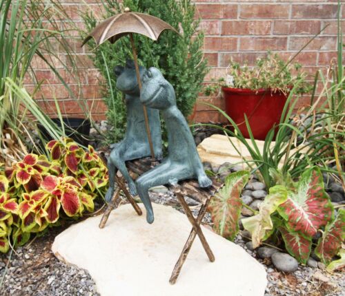 Ebros Gift Ebros Verdi Green Aluminum Two Lover Frogs Under Umbrella Garden Statue 18"H