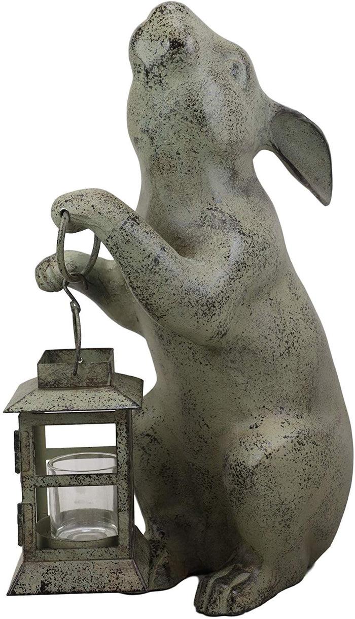 Ebros Gift Ebros Verdi Green Bunny Rabbit Holding Rustic Lantern Votive Candle Light Holder