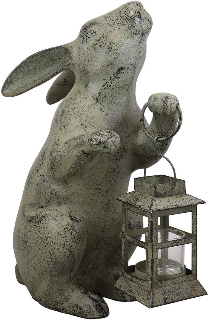 Ebros Gift Ebros Verdi Green Bunny Rabbit Holding Rustic Lantern Votive Candle Light Holder