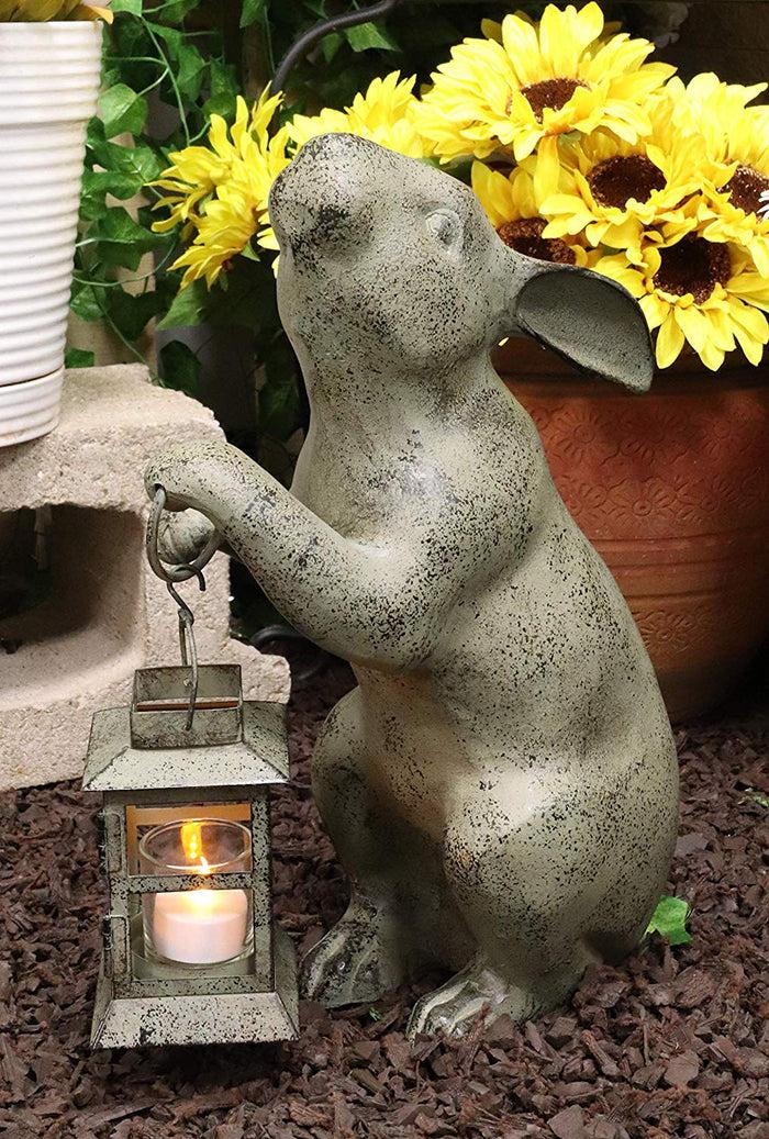 ebros gift Ebros Verdi Green Bunny Rabbit Holding Rustic Lantern Votive Candle Light Holder