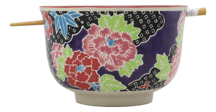 Ebros Gift Ebros Victorian Colorful Floral Blooms Ramen Udon Noodles Large 6.25" Diameter Soup Bowl With Built In Rest And Bamboo Chopsticks Set For Rice Pasta Salad