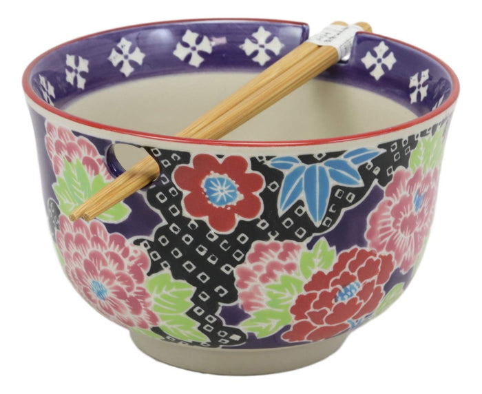 Ebros Gift Ebros Victorian Colorful Floral Blooms Ramen Udon Noodles Large 6.25" Diameter Soup Bowl With Built In Rest And Bamboo Chopsticks Set For Rice Pasta Salad