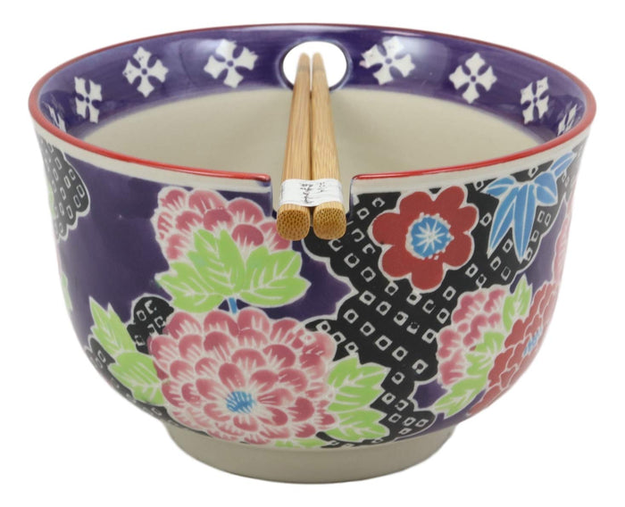 Ebros Gift Ebros Victorian Colorful Floral Blooms Ramen Udon Noodles Large 6.25" Diameter Soup Bowl With Built In Rest And Bamboo Chopsticks Set For Rice Pasta Salad