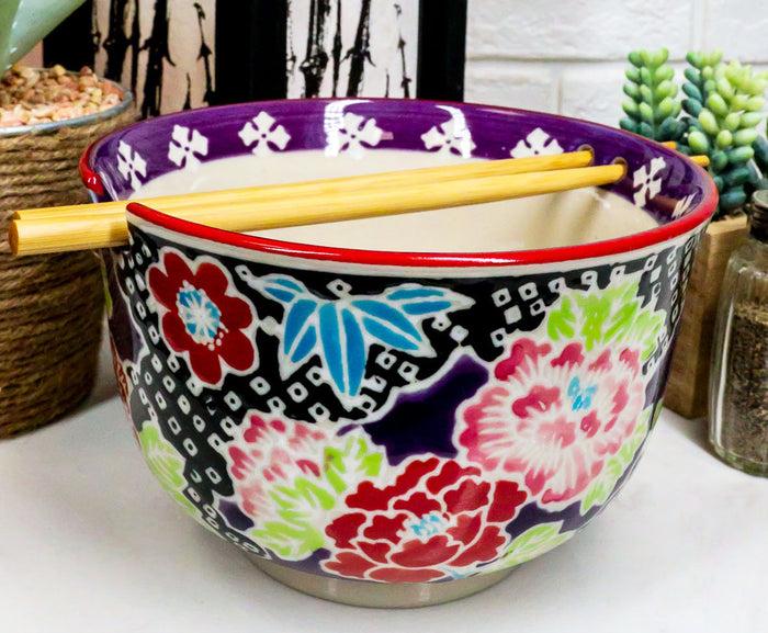 ebros gift Ebros Victorian Colorful Floral Blooms Ramen Udon Noodles Large 6.25" Diameter Soup Bowl With Built In Rest and Bamboo Chopsticks Set for Rice Pasta Salad