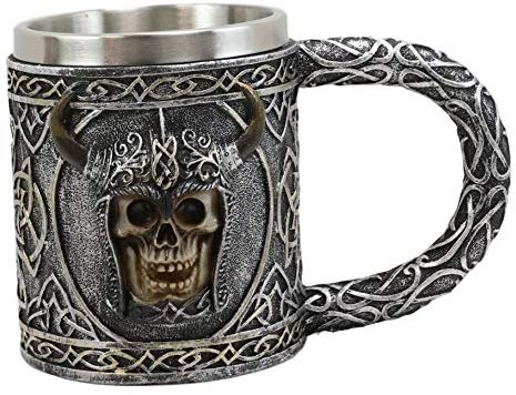 Ebros Gift Ebros Viking Skull With Bison Horned Helmet Drinking Mug 24oz W/ Celtic Pattern