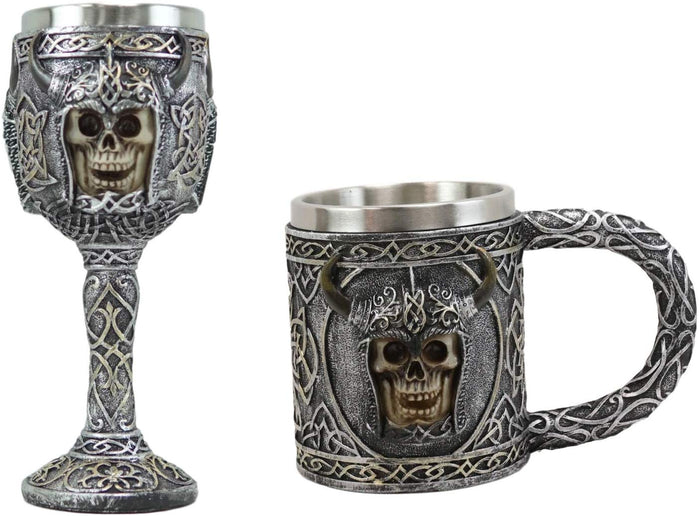 ebros gift Ebros Viking Skull With Bison Horned Helmet Mug And Wine Goblet 2 Pieces Set