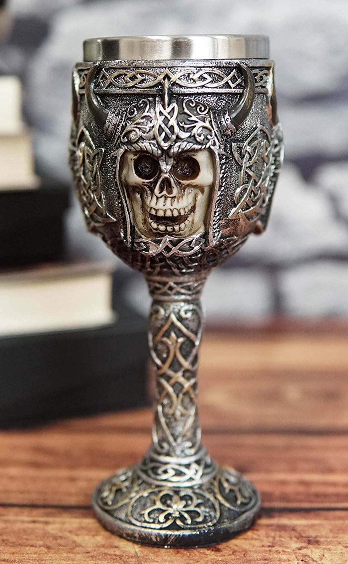 ebros gift Ebros Viking Skull With Bison Horned Helmet Wine Goblet Chalice 7.5"H 16 Oz