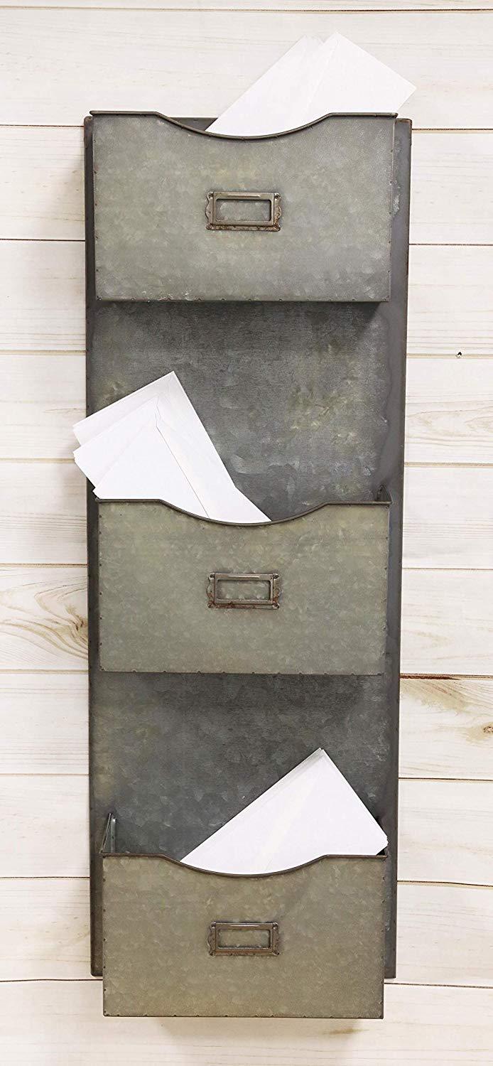 ebros gift Ebros Vintage Galvanized Metal 3 Tier Pockets Letter Mail Wall Hanging Rack Holder Organizer 31" High Rustic Western Country Farmhouse Design Decor
