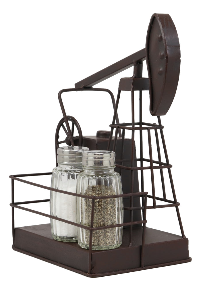 Ebros Gift Ebros Vintage Metal Oil Derrick Rig Pump Glass Salt And Pepper Shakers Carrier Holder