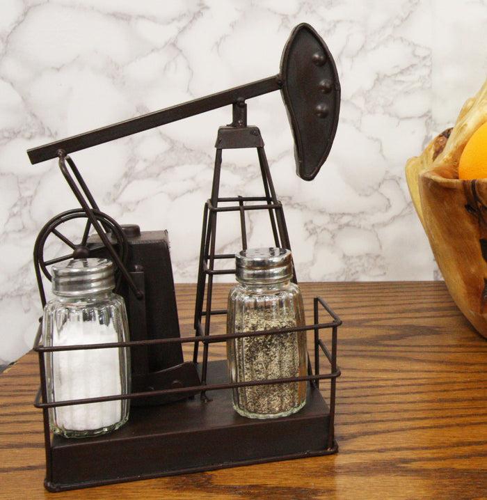 Ebros Gift Ebros Vintage Metal Oil Derrick Rig Pump Glass Salt And Pepper Shakers Carrier Holder