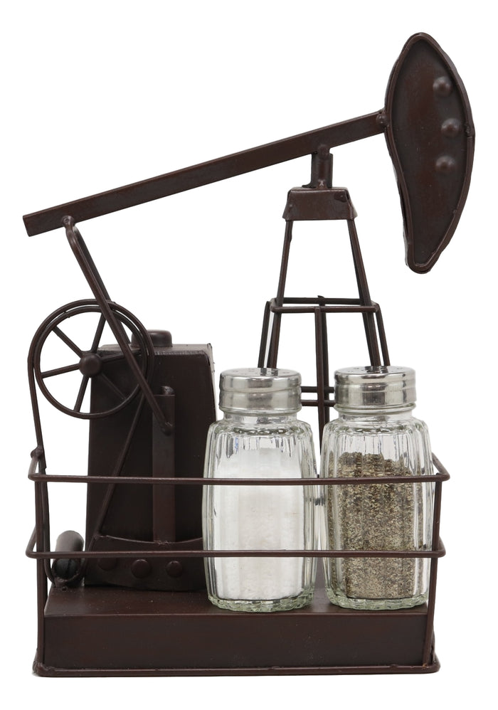Ebros Gift Ebros Vintage Metal Oil Derrick Rig Pump Glass Salt And Pepper Shakers Carrier Holder