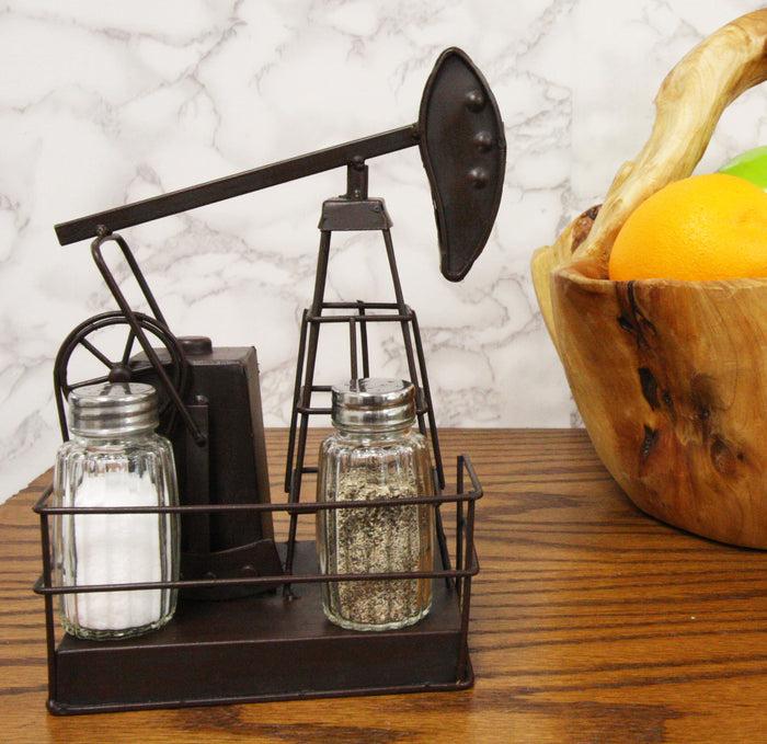 ebros gift Ebros Vintage Metal Oil Derrick Rig Pump Glass Salt And Pepper Shakers Carrier Holder