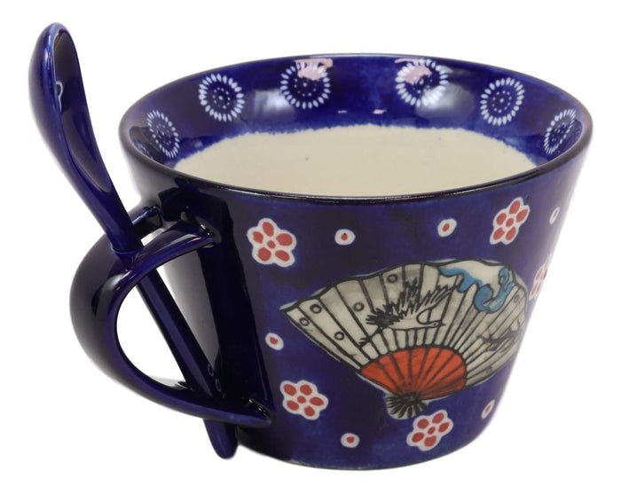 Ebros Gift Ebros Vintage Stylish Porcelain Coffee Tea Latte Cafe Mug Cereal Drink Cup With Spoon 2pc Set 12oz Home Kitchen Decorative Mugs Cups Ceramics (Blue Oriental Fan 1) (One Set)