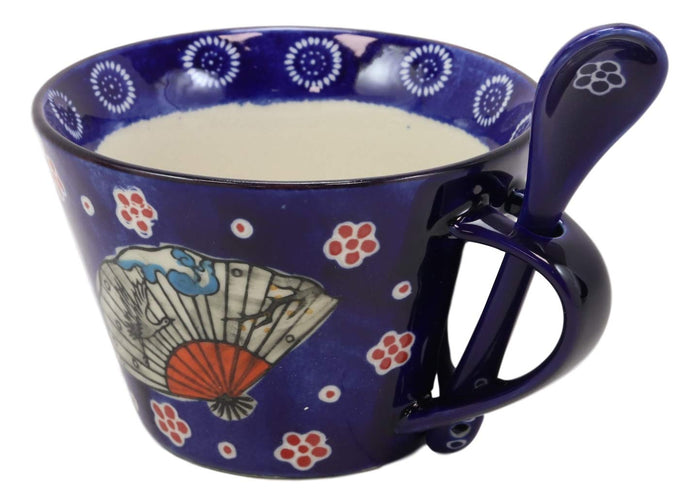 Ebros Gift Ebros Vintage Stylish Porcelain Coffee Tea Latte Cafe Mug Cereal Drink Cup With Spoon 2pc Set 12oz Home Kitchen Decorative Mugs Cups Ceramics (Blue Oriental Fan 1) (One Set)