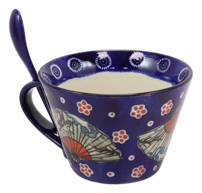 Ebros Gift Ebros Vintage Stylish Porcelain Coffee Tea Latte Cafe Mug Cereal Drink Cup With Spoon 2pc Set 12oz Home Kitchen Decorative Mugs Cups Ceramics (Blue Oriental Fan 1) (One Set)