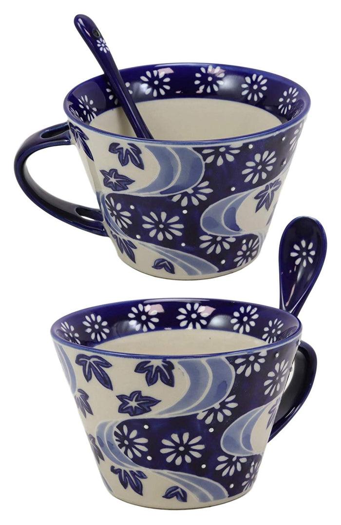 ebros gift Ebros Vintage Stylish Porcelain Coffee Tea Latte Cafe Mug Cereal Drink Cup With Spoon 2pc Set 12oz Home Kitchen Decorative Mugs Cups Ceramics (Blue Chrysanthemum Breeze 2)