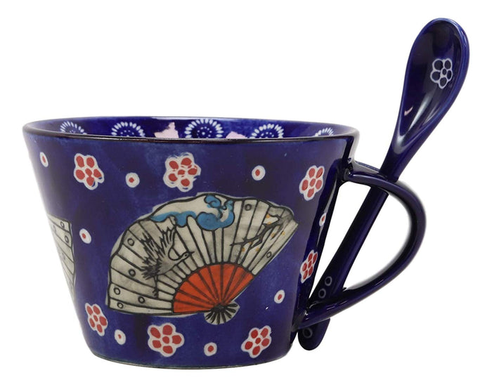 ebros gift Ebros Vintage Stylish Porcelain Coffee Tea Latte Cafe Mug Cereal Drink Cup With Spoon 2pc Set 12oz Home Kitchen Decorative Mugs Cups Ceramics (Blue Oriental Fan 1) (One Set)