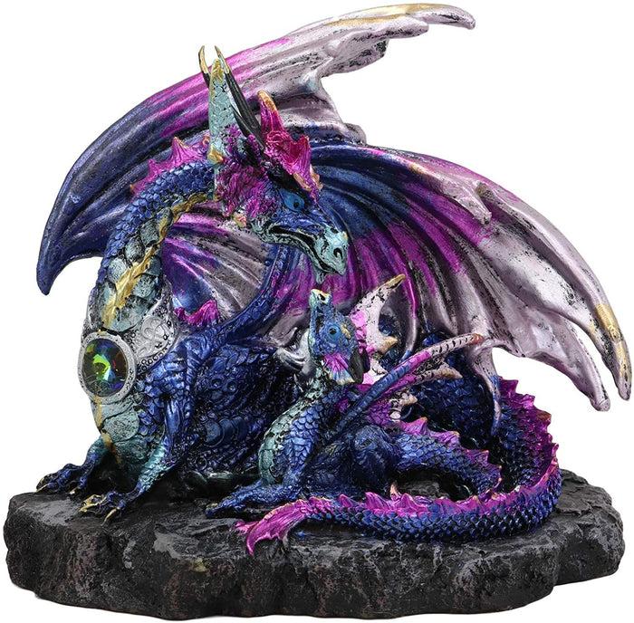 ebros gift Ebros Violet Blue Midnight Sky Gemstone Mother Dragon with Baby Wyrmling Statue 7.25" Long Home Decor Resin Medieval Fantasy Dungeons and Dragons Figurine