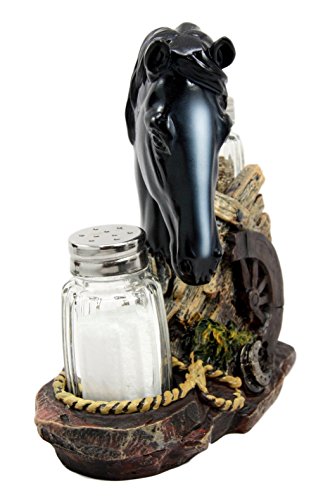 Ebros Gift Ebros Western Decor Stallion Horse By Wagon Wheel Salt Pepper Shakers Holder Set 6.25"H (Black)