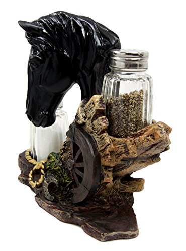 Ebros Gift Ebros Western Decor Stallion Horse By Wagon Wheel Salt Pepper Shakers Holder Set 6.25"H (Black)