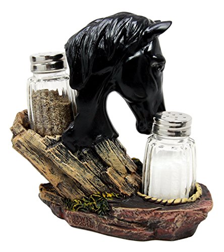 Ebros Gift Ebros Western Decor Stallion Horse By Wagon Wheel Salt Pepper Shakers Holder Set 6.25"H (Black)