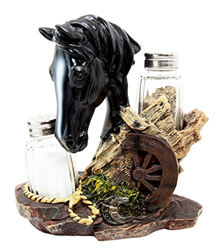 ebros gift Ebros Western Decor Stallion Horse By Wagon Wheel Salt Pepper Shakers Holder Set 6.25"H (Black)