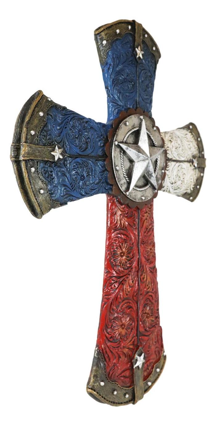 Ebros Gift Ebros Western Lone Star W/ Tooled Faux Leather Lace Design Patriotic Texas Wall Cross