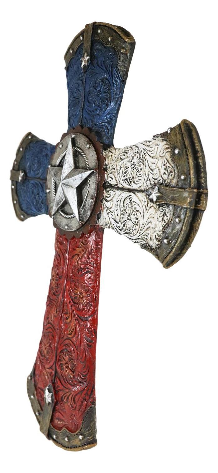 Ebros Gift Ebros Western Lone Star W/ Tooled Faux Leather Lace Design Patriotic Texas Wall Cross