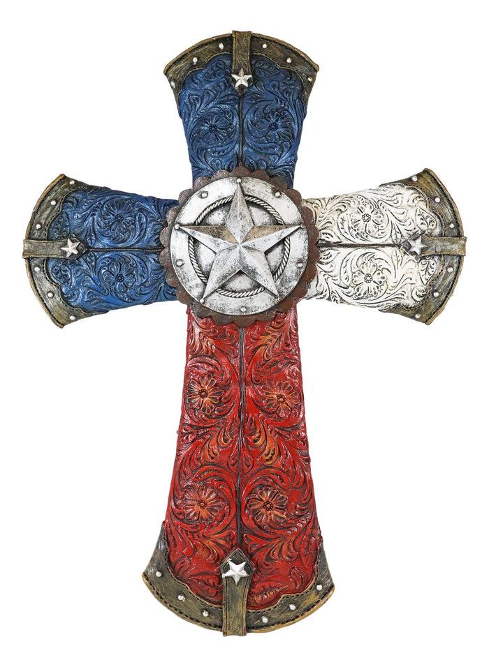 Ebros Gift Ebros Western Lone Star W/ Tooled Faux Leather Lace Design Patriotic Texas Wall Cross