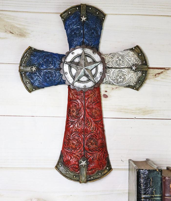 ebros gift Ebros Western Lone Star W/ Tooled Faux Leather Lace Design Patriotic Texas Wall Cross