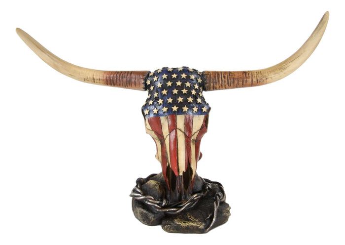 Ebros Gift Ebros Western Patriotic American Flag Texas Longhorn Bull Steer Skull Desktop Figurine