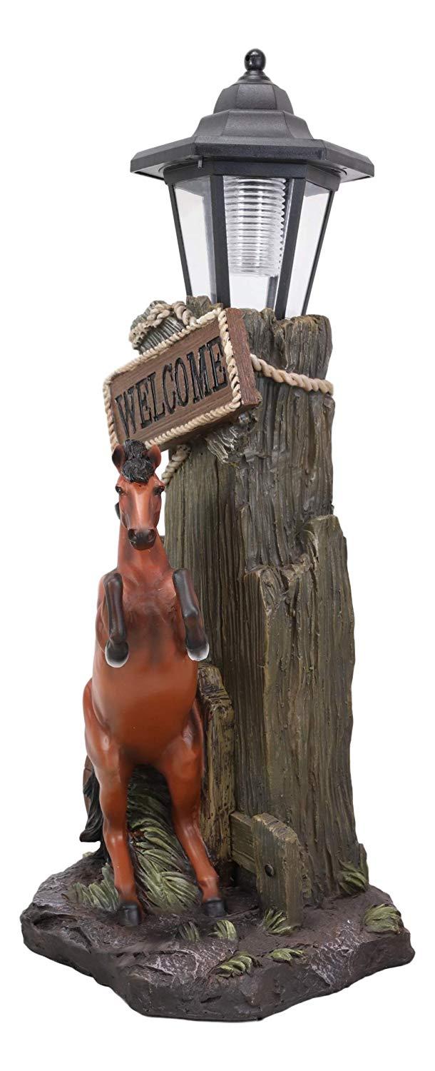 Ebros Gift Ebros Western Rearing Horse With Welcome Sign Statue W/ Solar LED Lantern Light