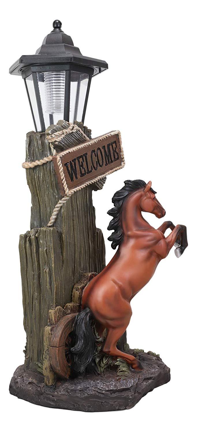 Ebros Gift Ebros Western Rearing Horse With Welcome Sign Statue W/ Solar LED Lantern Light