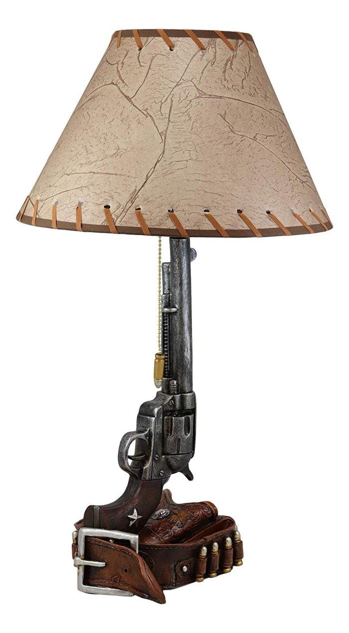 Ebros Gift Ebros Western Six Shooter Revolver Gun With Holster And Ammo Belt Base Desktop Bedside Table Lamp With Shade 20.5"Tall Country Cowboy Rustic Home Decor Accent