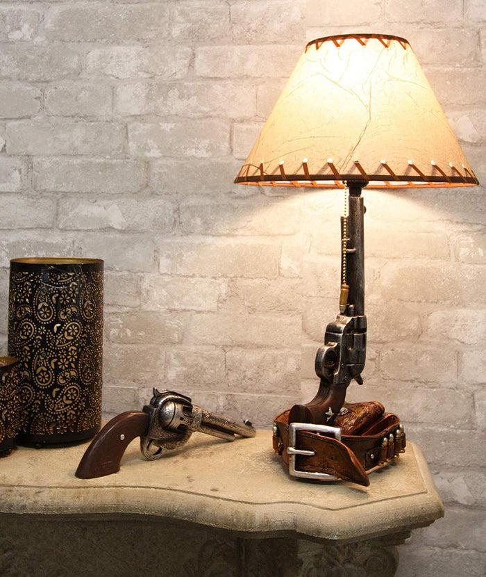 ebros gift Ebros Western Six Shooter Revolver Gun with Holster and Ammo Belt Base Desktop Bedside Table Lamp with Shade 20.5"Tall Country Cowboy Rustic Home Decor Accent