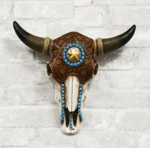 Ebros Gift Ebros Western Star Tooled Leather Steer Bison Buffalo Bull Cow Horned Skull Wall Decor