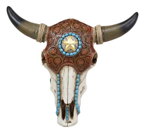 Ebros Gift Ebros Western Star Tooled Leather Steer Bison Buffalo Bull Cow Horned Skull Wall Decor